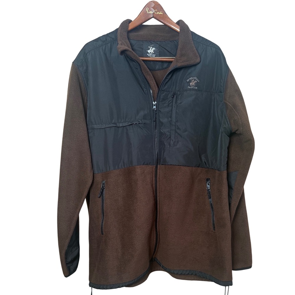 Beverly Hills Polo Club Mens XXL Brown Black Fleece Full Zip Jacket Colorblock